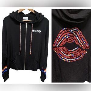 Lauren Moshi Black Zip Hoodie with Rainbow Lip Embroidery